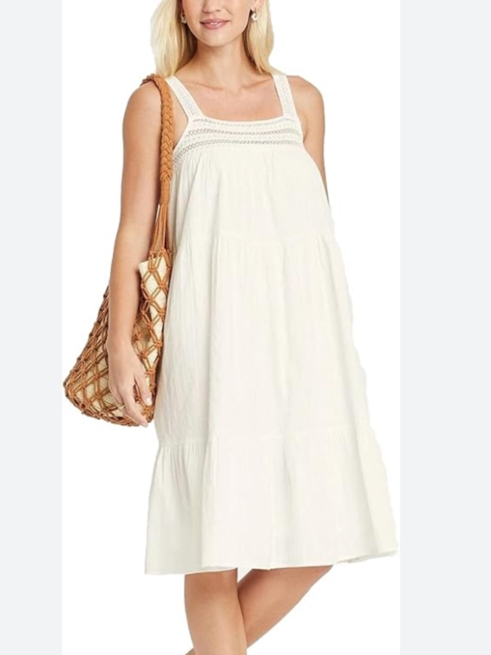 Universal Thread Sleeveless Crochet Trim Tiered Midi Dress White Womens L Boho